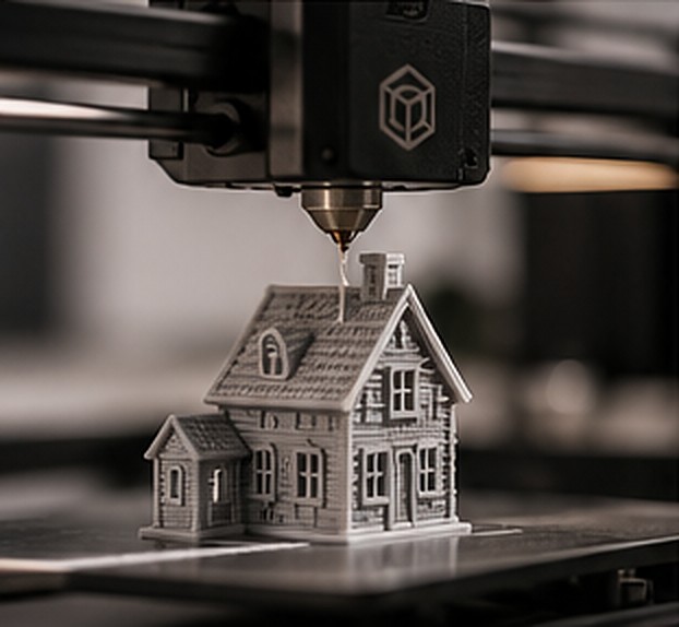 3D yazıcı nozülü krem renkli bir ev maketi basıyor