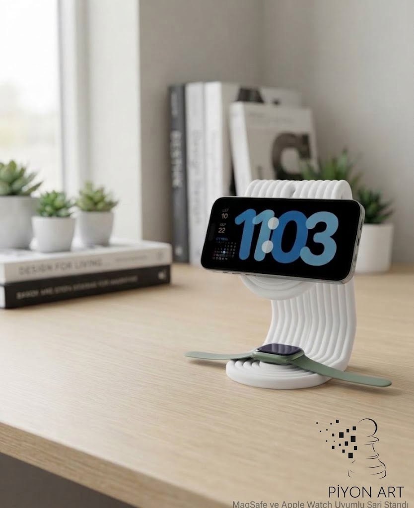 Piyon Art Çiftli Kablosuz Şarj Standı, MagSafe ve Apple Watch Uyumlu Masaüstü Stand