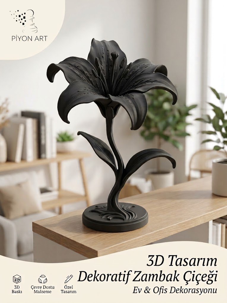 Piyon Art Siyah Zambak Biblo - 3D Tasarım Dekoratif Masa Üstü Obje Hediyelik