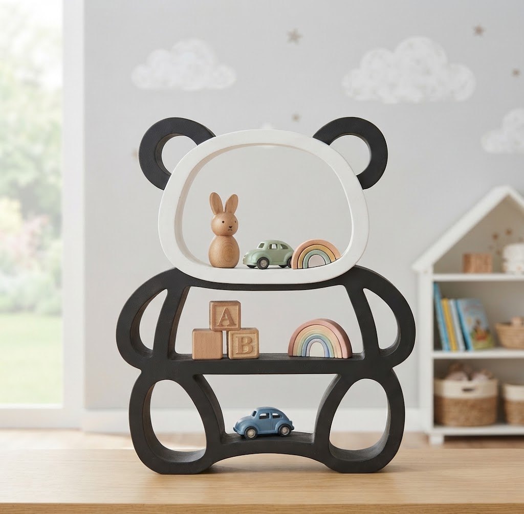 Piyon Art 3D Baskı Siyah-Beyaz Sevimli Panda Duvar ve Masaüstü Oyuncak Rafı / Çocuk Odası Dekoratif Raf